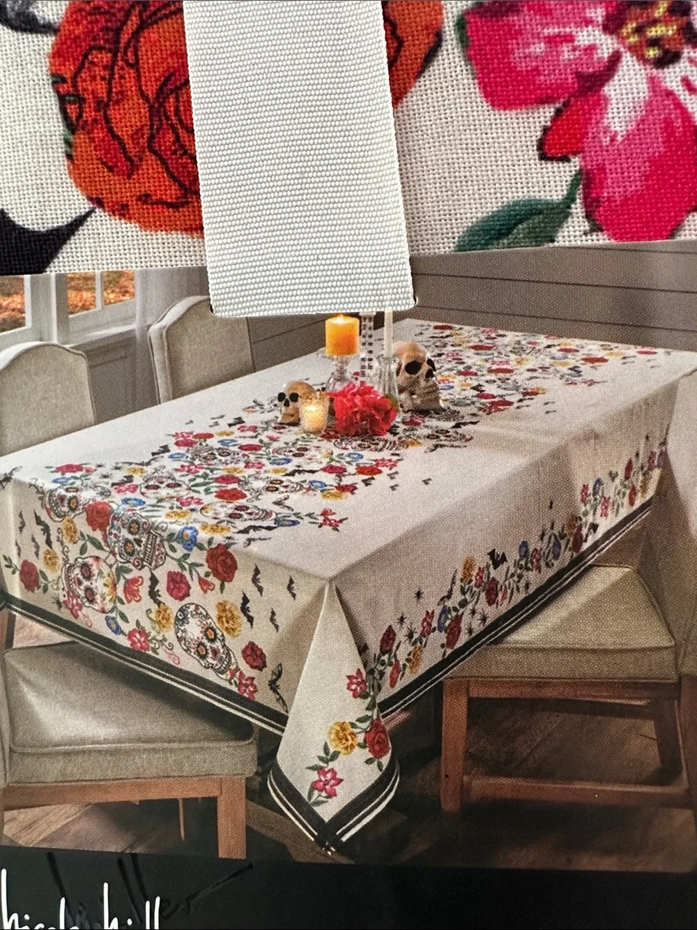 NWT Nicole Miller Home Oblong Tablecloth - Floral Sugar Skull Print